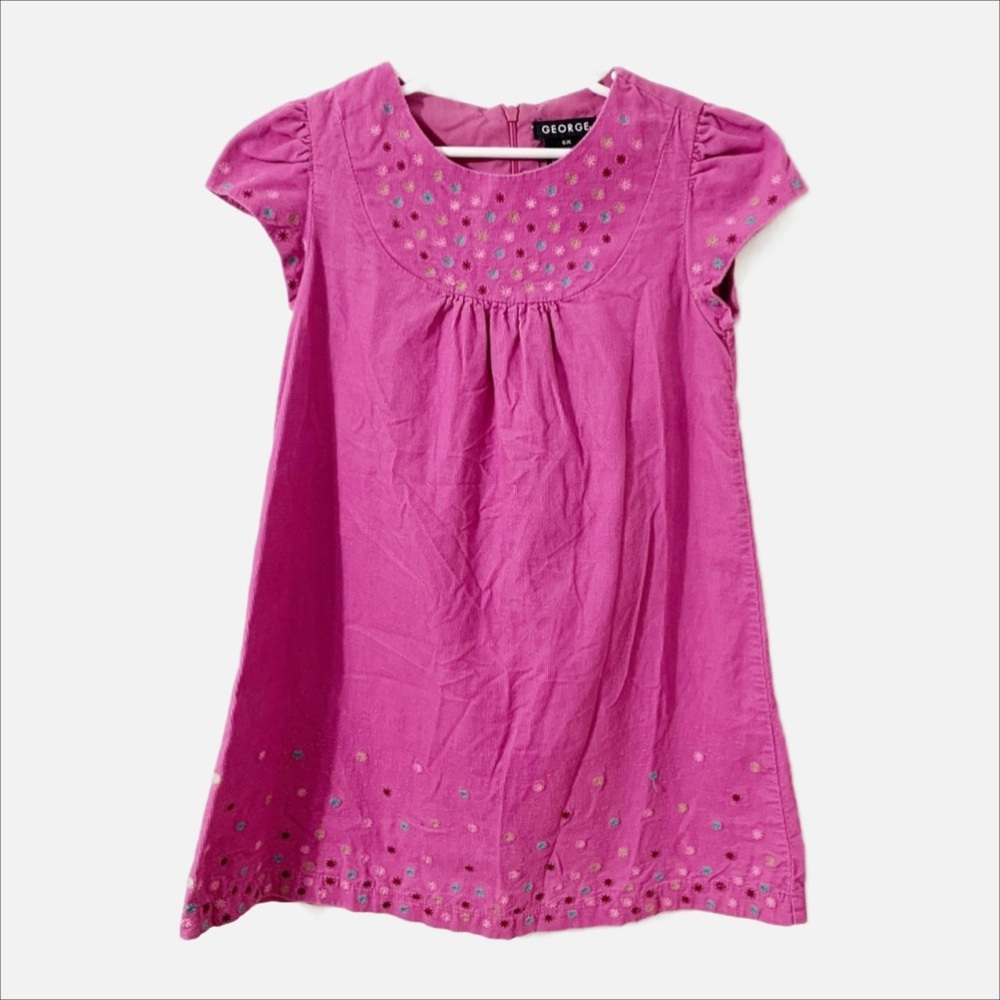 George Cotton Thin Wale Corduroy Short Sleeve Dress Embroidered Flowers 💐Zipper